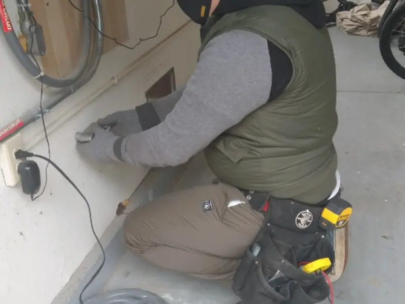 Electrician performing outlet wiring in a Anadarko garage
